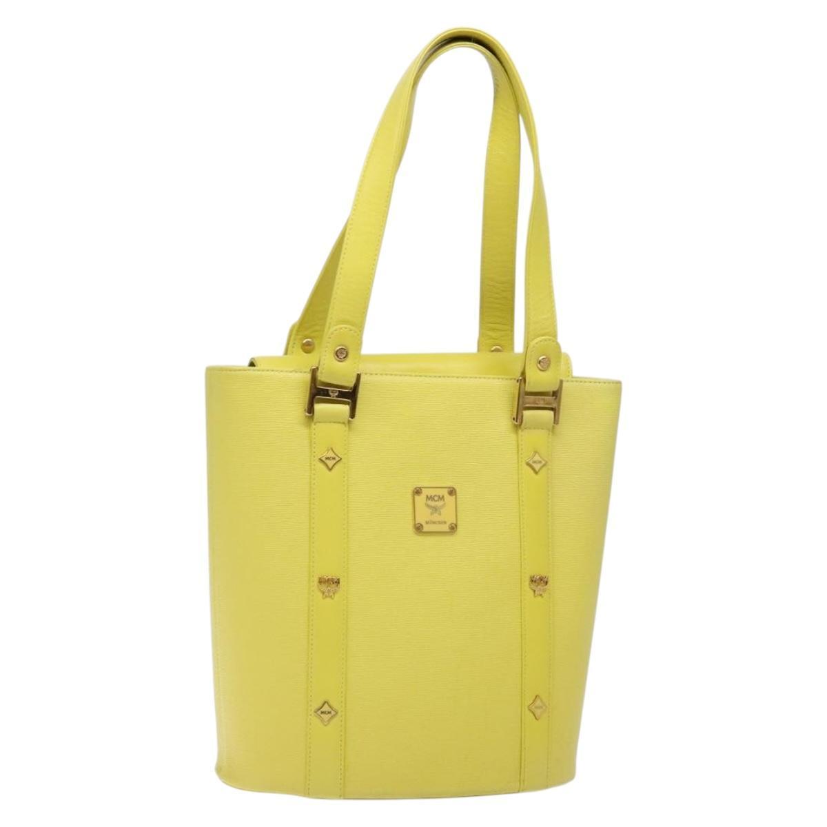Mcm Studs Tote Bag Leather Gold Lime Yellow Auth 133982